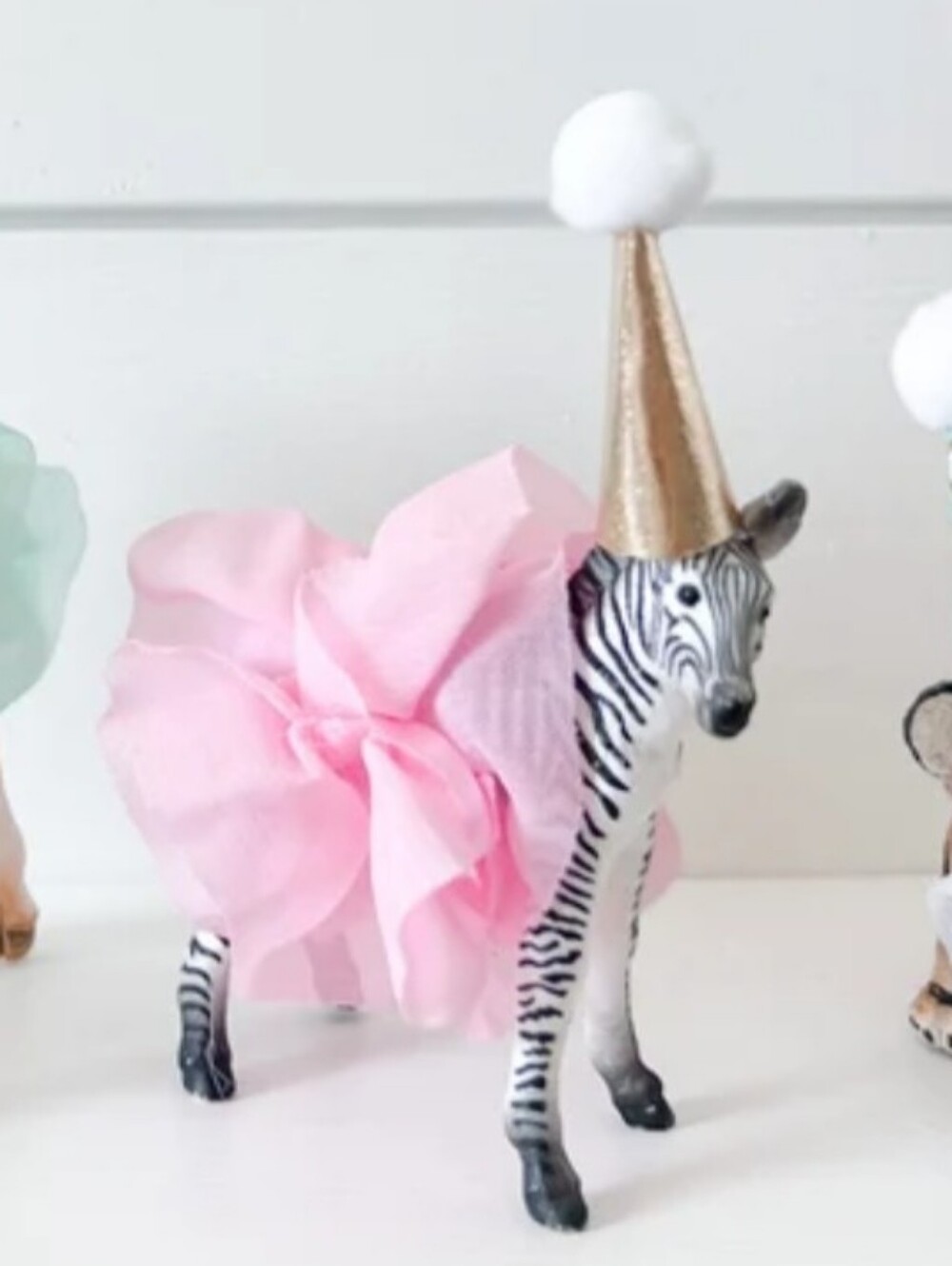 Pink Tutu Zebra Party Cake Topper with Gold  Birthday Hat